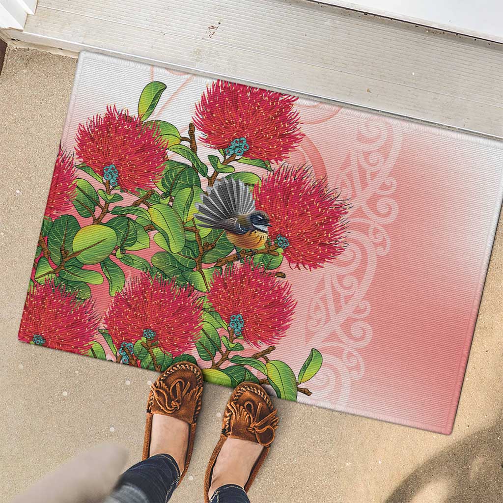 New Zealand Fantail Rubber Doormat Maori Koru With Pohutukawa Flowers - Aussie Hoodie