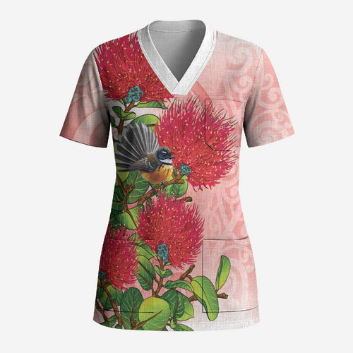 New Zealand Fantail Scrub Top Maori Koru With Pohutukawa Flowers - Aussie Hoodie