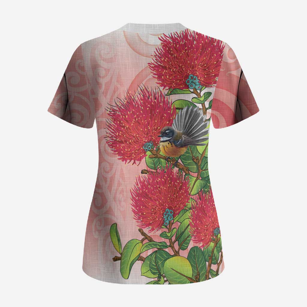 New Zealand Fantail Scrub Top Maori Koru With Pohutukawa Flowers - Aussie Hoodie