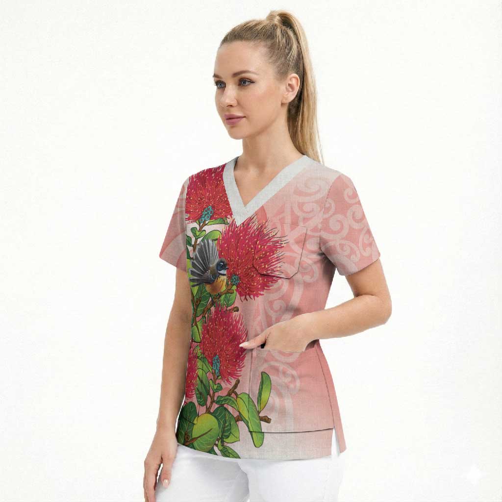 New Zealand Fantail Scrub Top Maori Koru With Pohutukawa Flowers - Aussie Hoodie