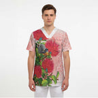 New Zealand Fantail Scrub Top Maori Koru With Pohutukawa Flowers - Aussie Hoodie