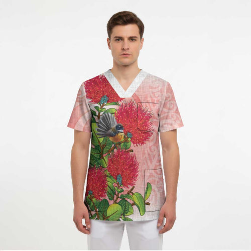 New Zealand Fantail Scrub Top Maori Koru With Pohutukawa Flowers - Aussie Hoodie