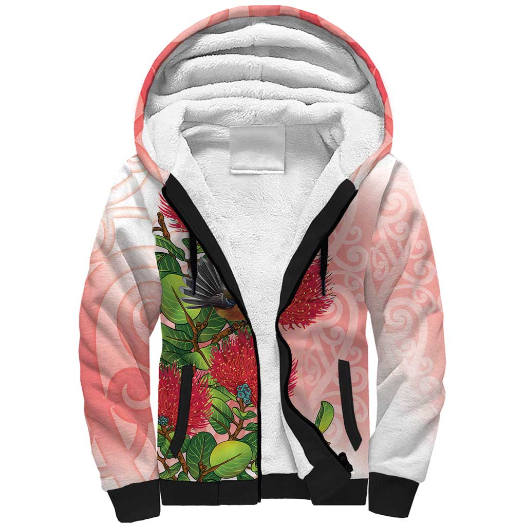 New Zealand Fantail Sherpa Hoodie Maori Koru With Pohutukawa Flowers - Aussie Hoodie