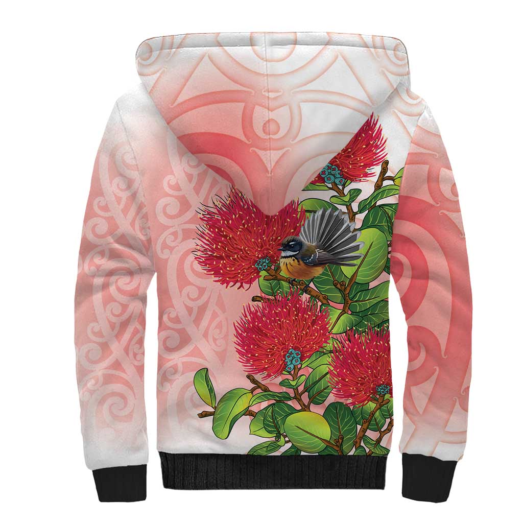New Zealand Fantail Sherpa Hoodie Maori Koru With Pohutukawa Flowers - Aussie Hoodie