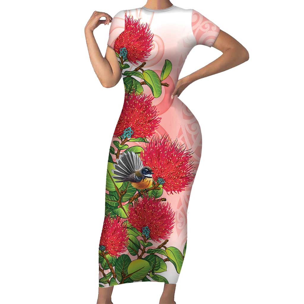 New Zealand Fantail Short Sleeve Bodycon Dress Maori Koru With Pohutukawa Flowers - Aussie Hoodie