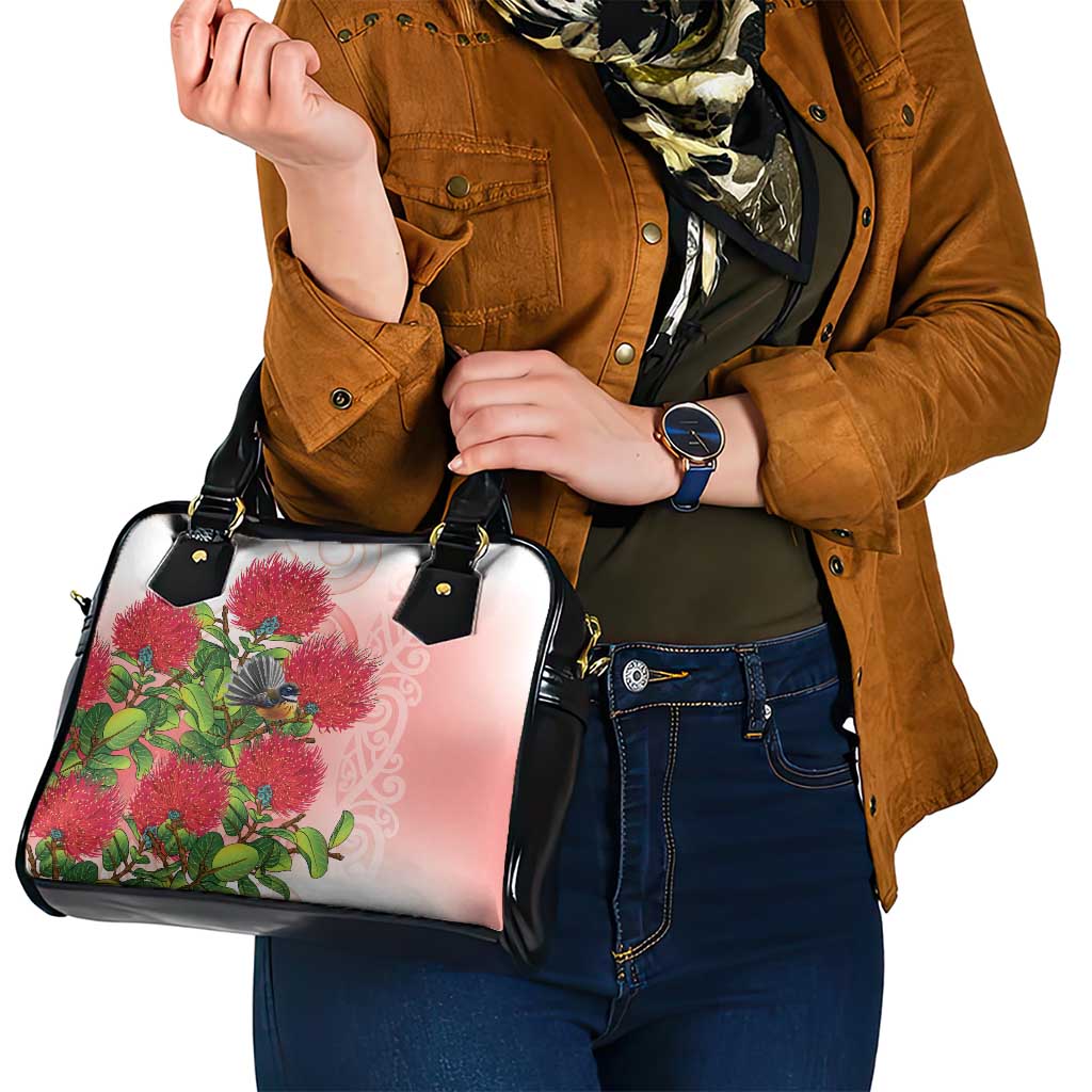 New Zealand Fantail Shoulder Handbag Maori Koru With Pohutukawa Flowers - Aussie Hoodie