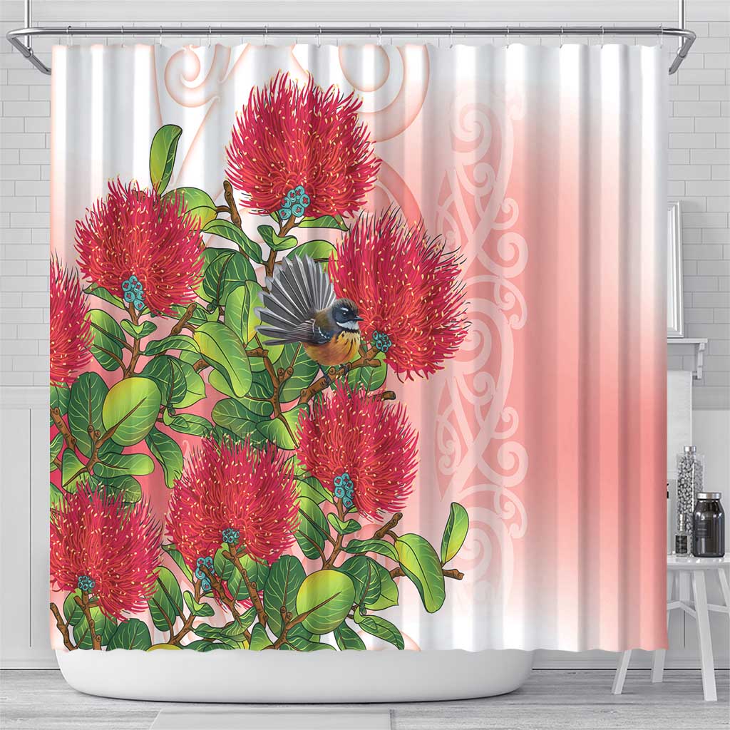New Zealand Fantail Shower Curtain Maori Koru With Pohutukawa Flowers - Aussie Hoodie