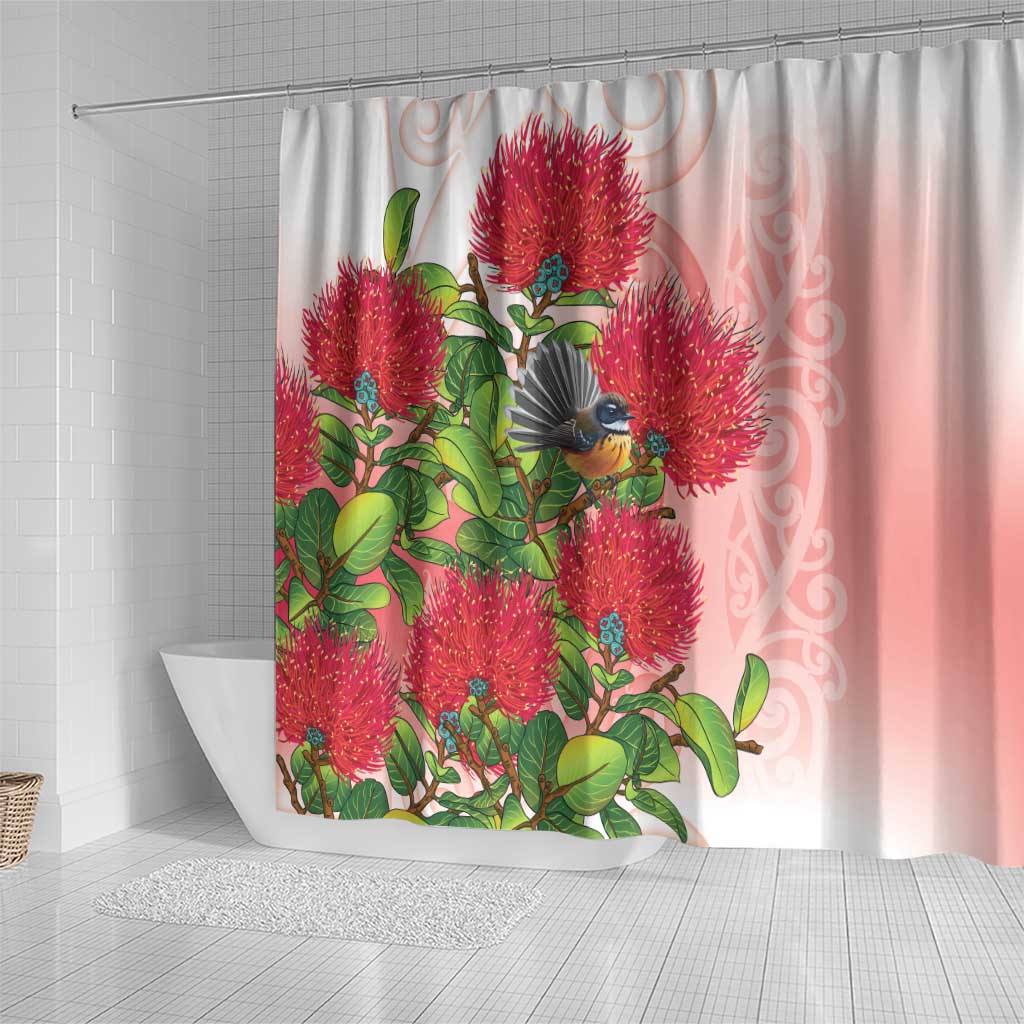 New Zealand Fantail Shower Curtain Maori Koru With Pohutukawa Flowers - Aussie Hoodie