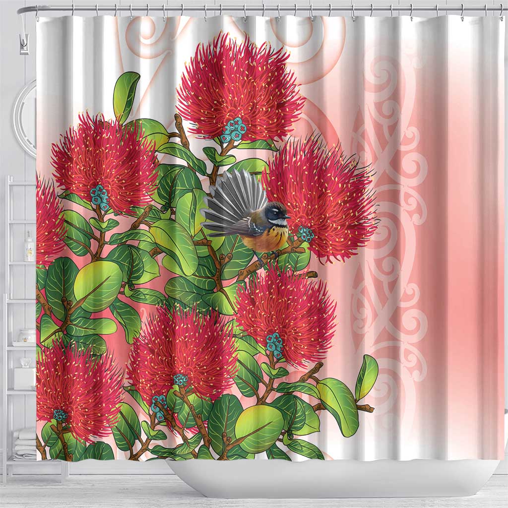 New Zealand Fantail Shower Curtain Maori Koru With Pohutukawa Flowers - Aussie Hoodie