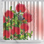 New Zealand Fantail Shower Curtain Maori Koru With Pohutukawa Flowers - Aussie Hoodie
