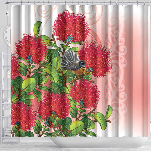 New Zealand Fantail Shower Curtain Maori Koru With Pohutukawa Flowers - Aussie Hoodie