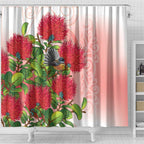 New Zealand Fantail Shower Curtain Maori Koru With Pohutukawa Flowers - Aussie Hoodie
