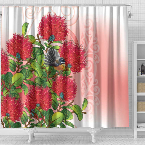 New Zealand Fantail Shower Curtain Maori Koru With Pohutukawa Flowers - Aussie Hoodie