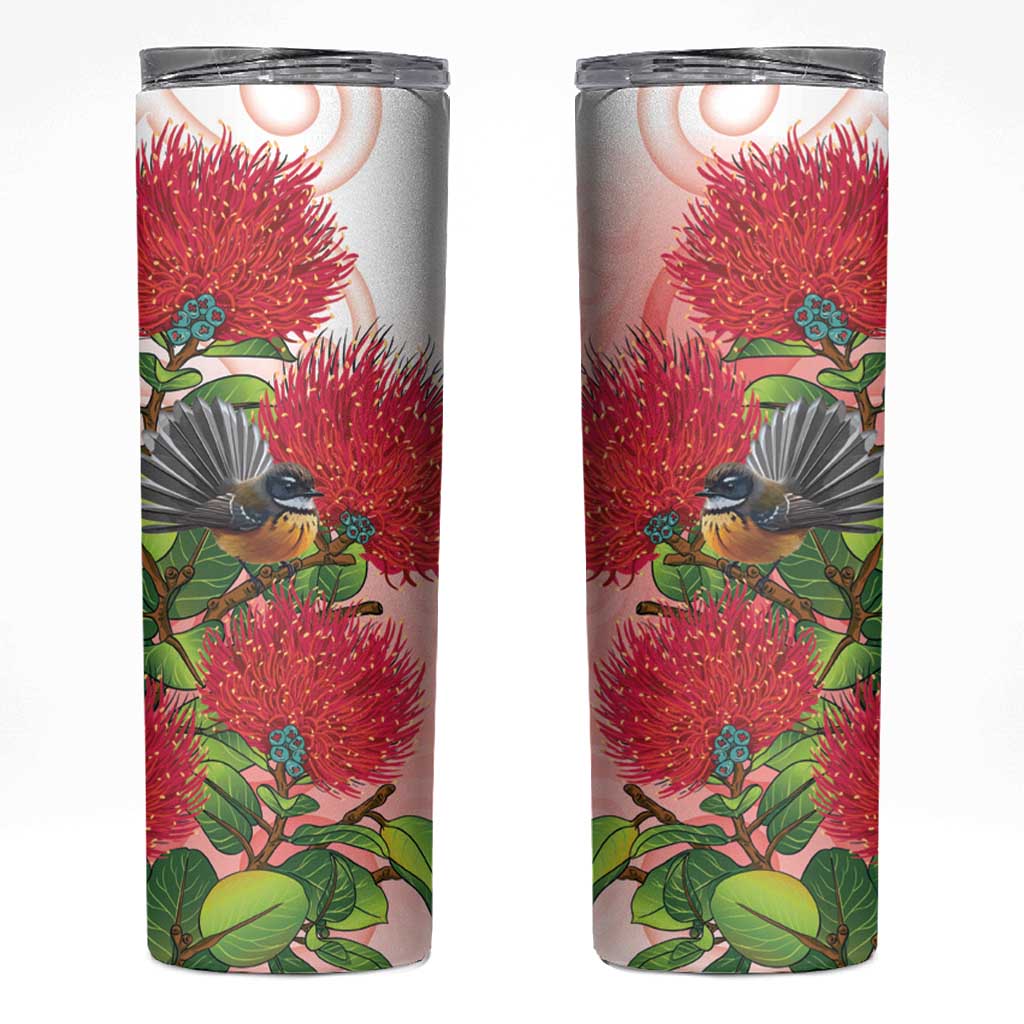 New Zealand Fantail Skinny Tumbler Maori Koru With Pohutukawa Flowers - Aussie Hoodie