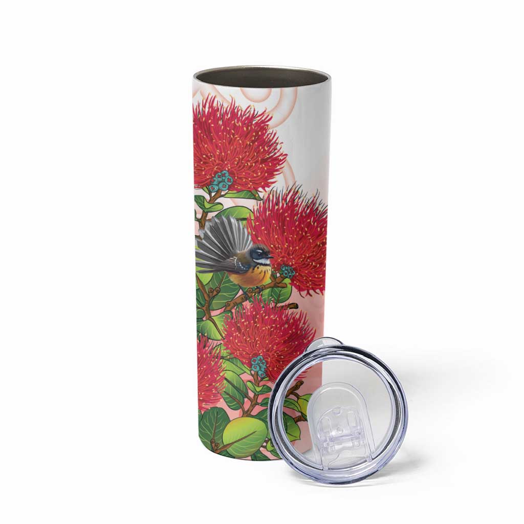 New Zealand Fantail Skinny Tumbler Maori Koru With Pohutukawa Flowers - Aussie Hoodie
