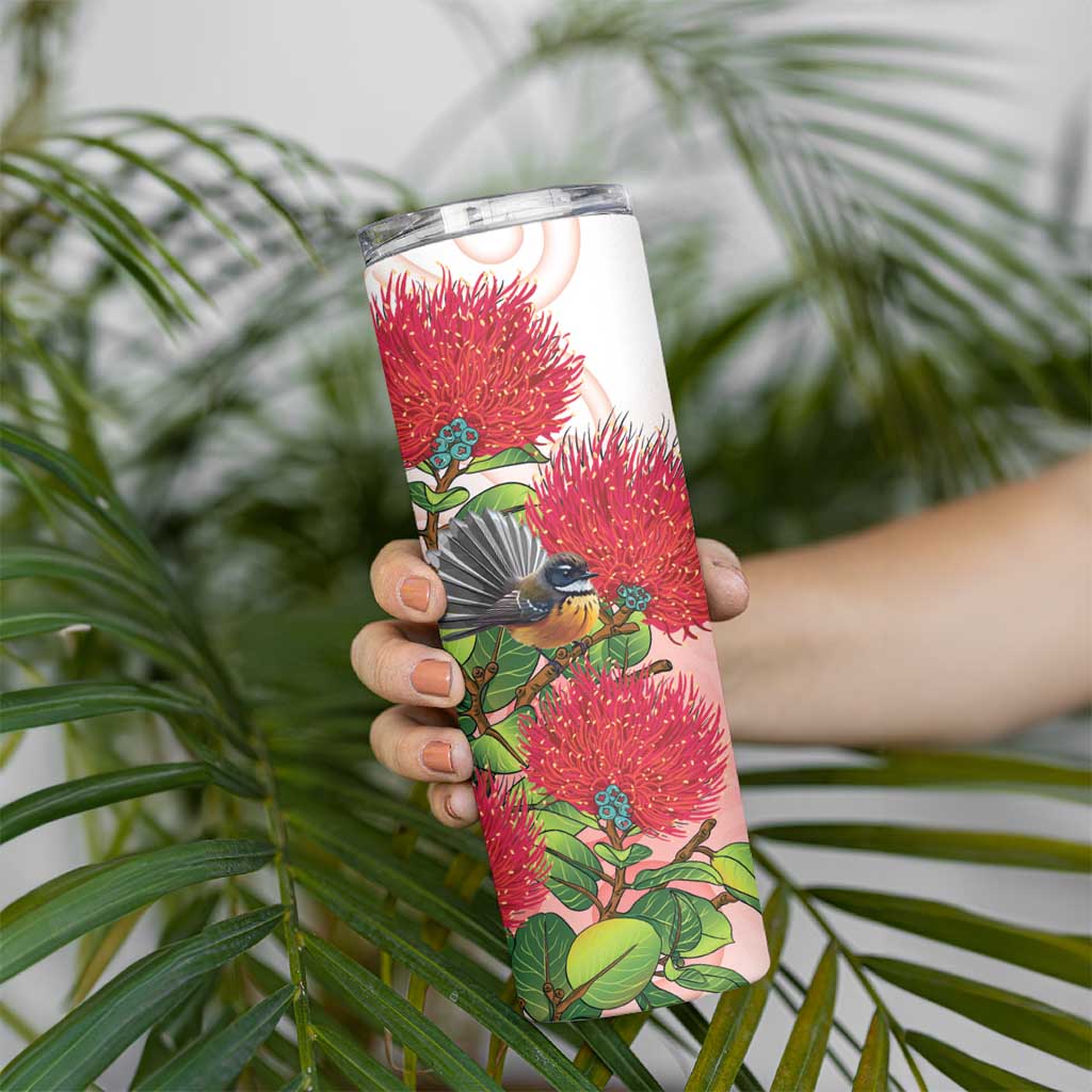 New Zealand Fantail Skinny Tumbler Maori Koru With Pohutukawa Flowers - Aussie Hoodie