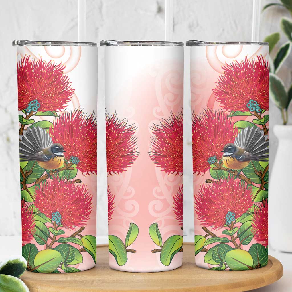 New Zealand Fantail Skinny Tumbler Maori Koru With Pohutukawa Flowers - Aussie Hoodie