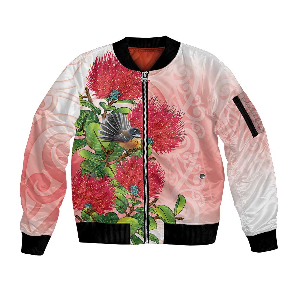 New Zealand Fantail Sleeve Zip Bomber Jacket Maori Koru With Pohutukawa Flowers - Aussie Hoodie
