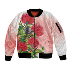 New Zealand Fantail Sleeve Zip Bomber Jacket Maori Koru With Pohutukawa Flowers - Aussie Hoodie