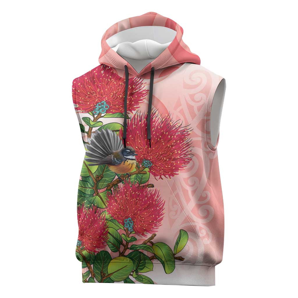 New Zealand Fantail Sleeveless Hoodie Maori Koru With Pohutukawa Flowers - Aussie Hoodie