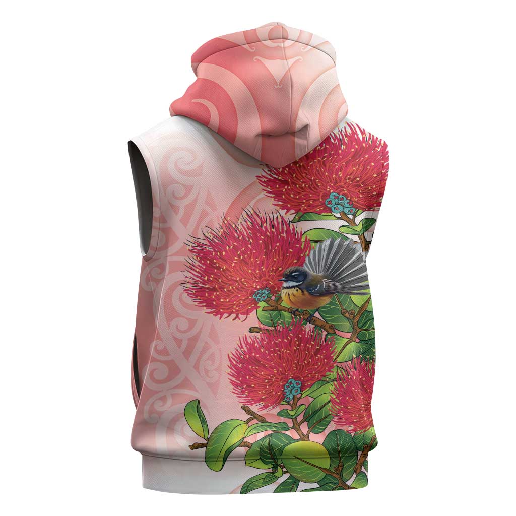 New Zealand Fantail Sleeveless Hoodie Maori Koru With Pohutukawa Flowers - Aussie Hoodie