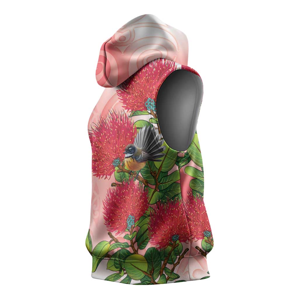 New Zealand Fantail Sleeveless Hoodie Maori Koru With Pohutukawa Flowers - Aussie Hoodie