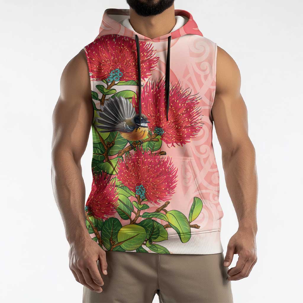 New Zealand Fantail Sleeveless Hoodie Maori Koru With Pohutukawa Flowers - Aussie Hoodie