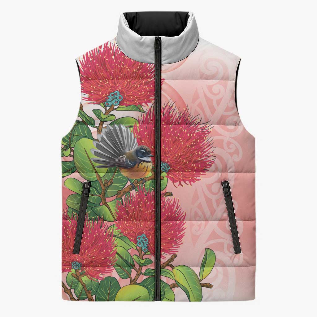 New Zealand Fantail Sleeveless Puffer Jacket Maori Koru With Pohutukawa Flowers - Aussie Hoodie