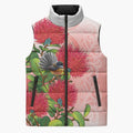 New Zealand Fantail Sleeveless Puffer Jacket Maori Koru With Pohutukawa Flowers - Aussie Hoodie