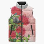 New Zealand Fantail Sleeveless Puffer Jacket Maori Koru With Pohutukawa Flowers - Aussie Hoodie