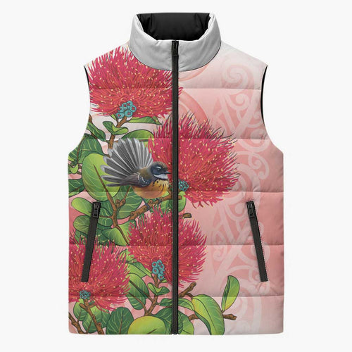 New Zealand Fantail Sleeveless Puffer Jacket Maori Koru With Pohutukawa Flowers - Aussie Hoodie