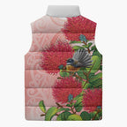 New Zealand Fantail Sleeveless Puffer Jacket Maori Koru With Pohutukawa Flowers - Aussie Hoodie