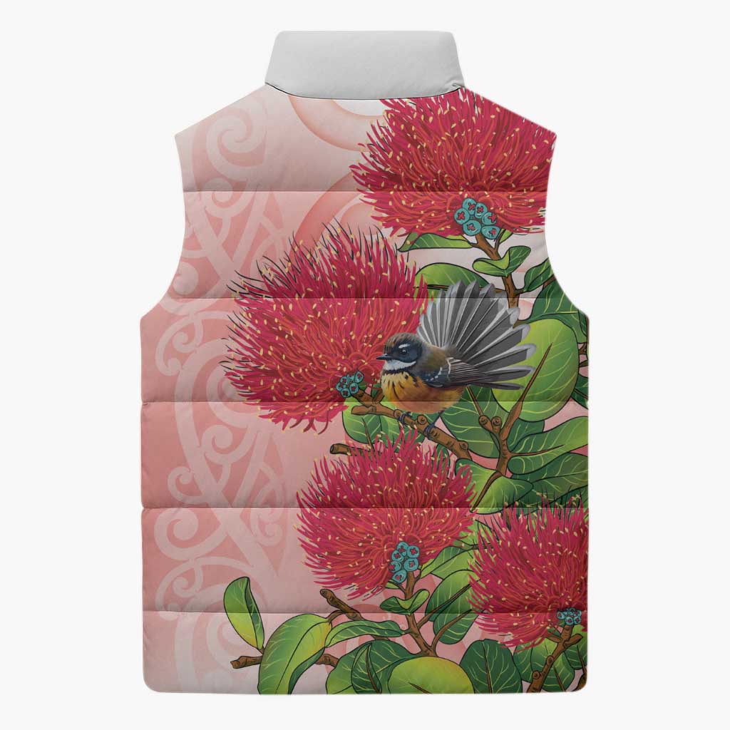 New Zealand Fantail Sleeveless Puffer Jacket Maori Koru With Pohutukawa Flowers - Aussie Hoodie