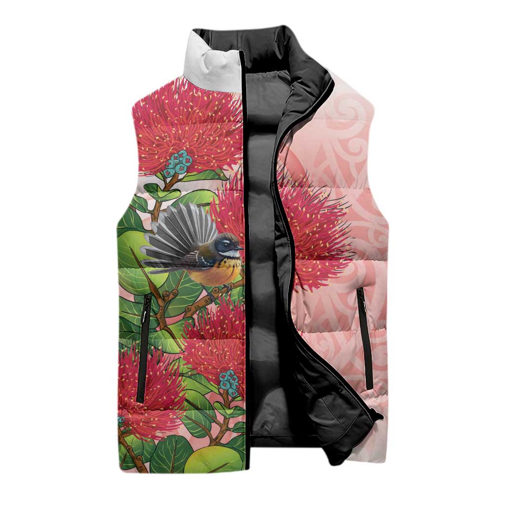 New Zealand Fantail Sleeveless Puffer Jacket Maori Koru With Pohutukawa Flowers - Aussie Hoodie