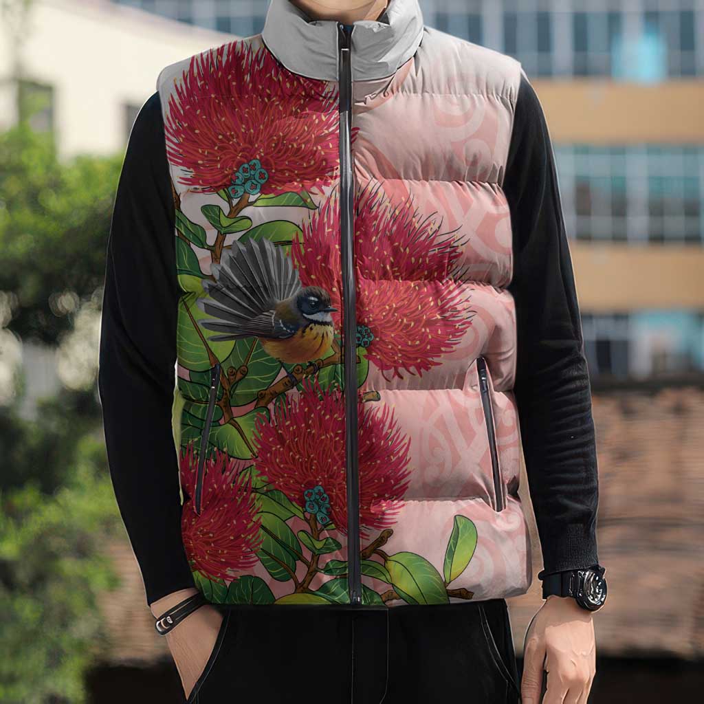 New Zealand Fantail Sleeveless Puffer Jacket Maori Koru With Pohutukawa Flowers - Aussie Hoodie