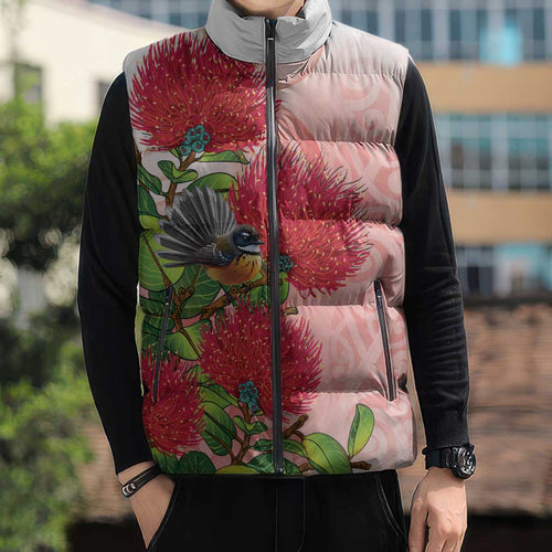 New Zealand Fantail Sleeveless Puffer Jacket Maori Koru With Pohutukawa Flowers - Aussie Hoodie