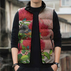 New Zealand Fantail Sleeveless Puffer Jacket Maori Koru With Pohutukawa Flowers - Aussie Hoodie