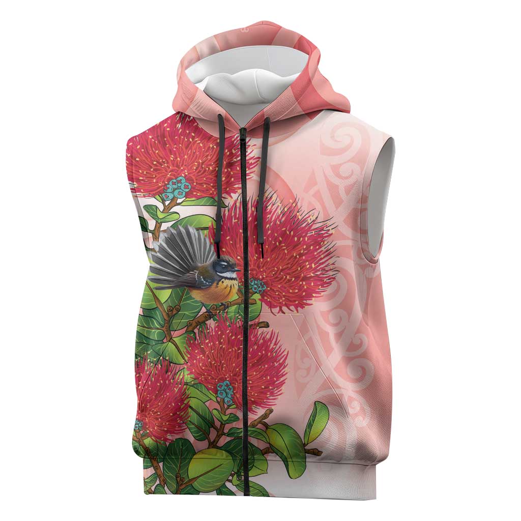 New Zealand Fantail Sleeveless Zip Hoodie Maori Koru With Pohutukawa Flowers - Aussie Hoodie