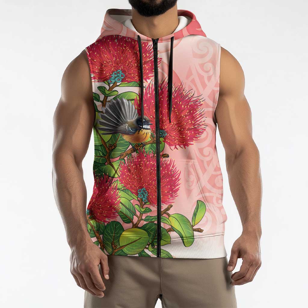 New Zealand Fantail Sleeveless Zip Hoodie Maori Koru With Pohutukawa Flowers - Aussie Hoodie