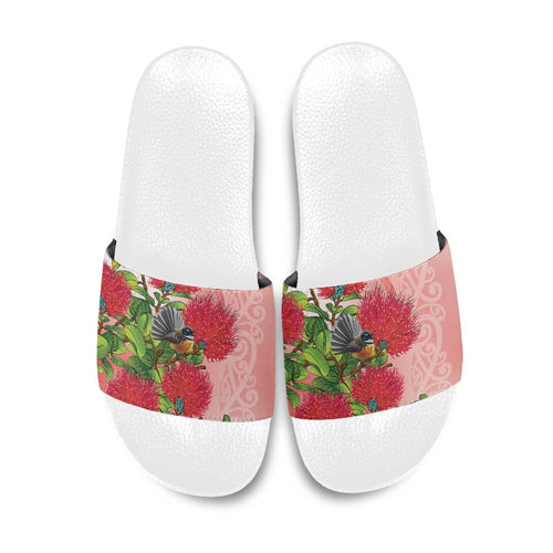New Zealand Fantail Slide Sandals Maori Koru With Pohutukawa Flowers - Aussie Hoodie