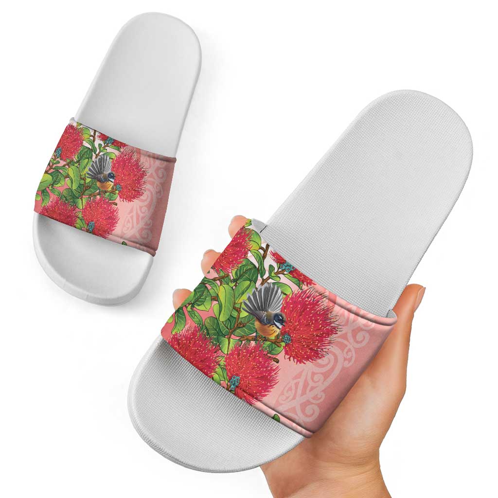 New Zealand Fantail Slide Sandals Maori Koru With Pohutukawa Flowers - Aussie Hoodie