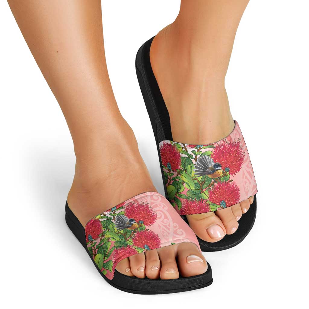 New Zealand Fantail Slide Sandals Maori Koru With Pohutukawa Flowers - Aussie Hoodie