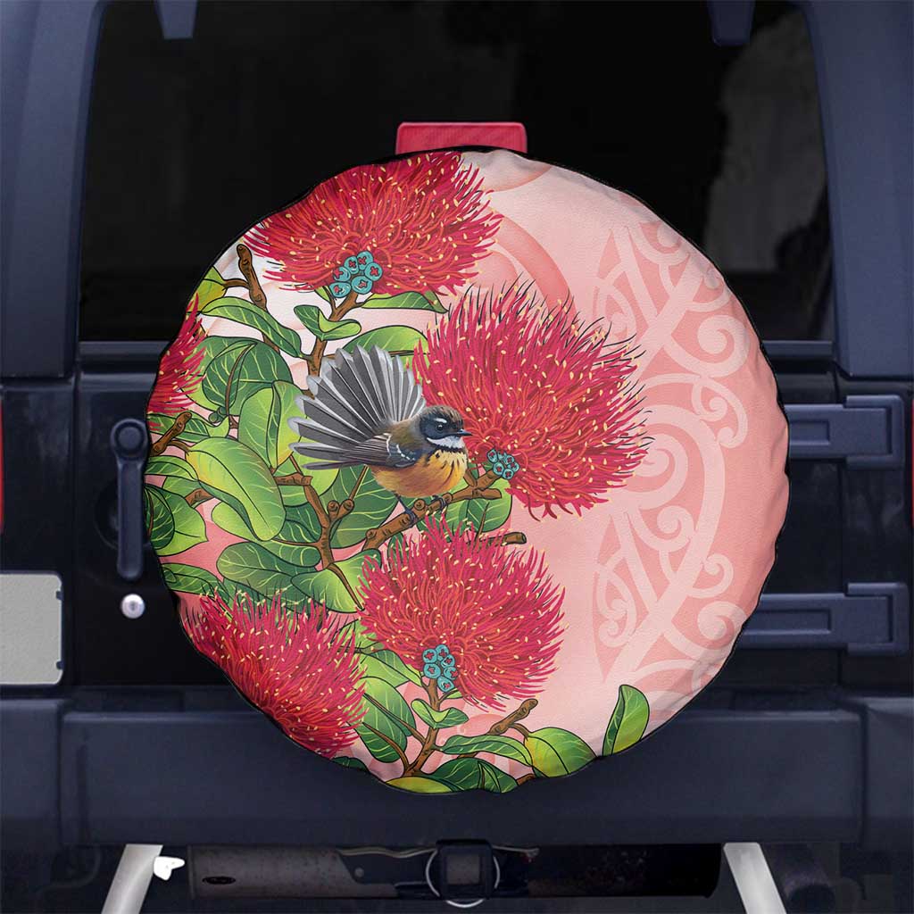 New Zealand Fantail Spare Tire Cover Maori Koru With Pohutukawa Flowers - Aussie Hoodie