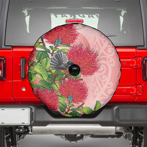 New Zealand Fantail Spare Tire Cover Maori Koru With Pohutukawa Flowers - Aussie Hoodie