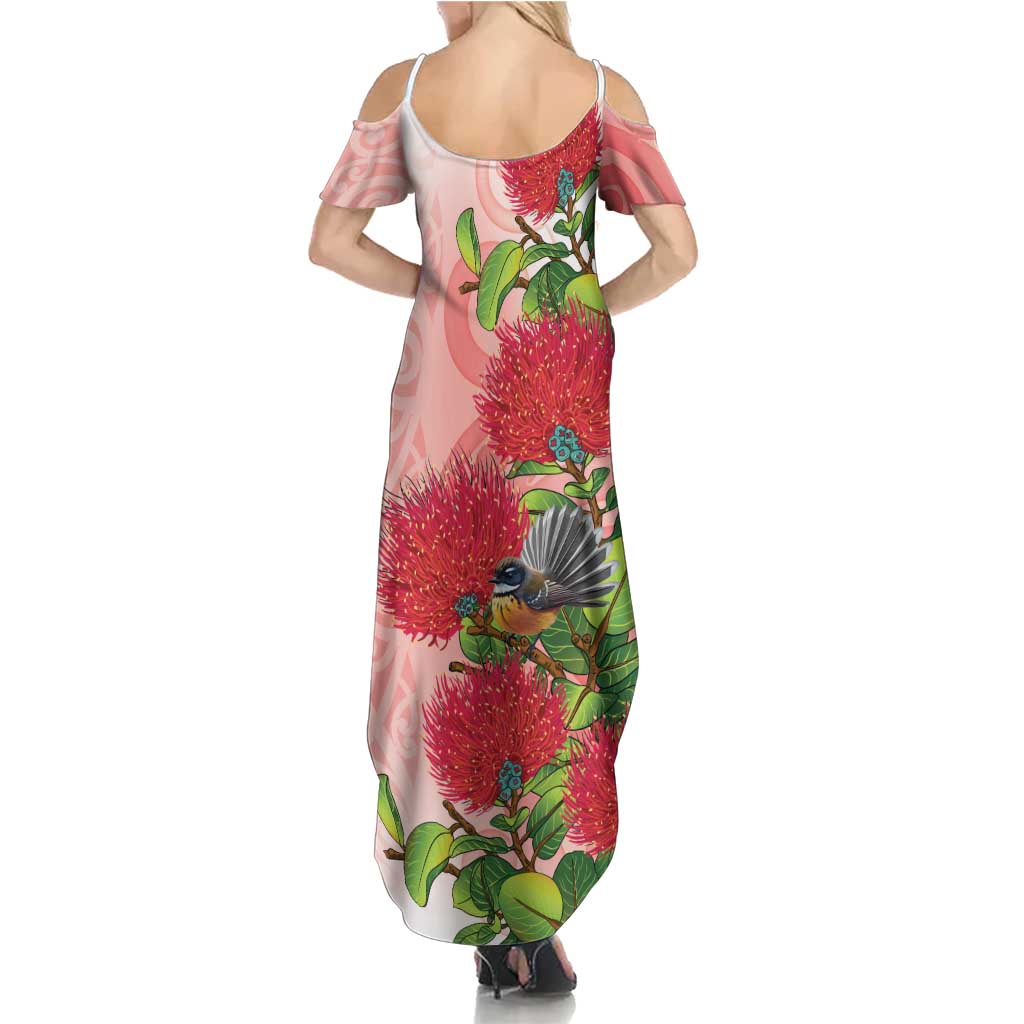New Zealand Fantail Summer Maxi Dress Maori Koru With Pohutukawa Flowers - Aussie Hoodie