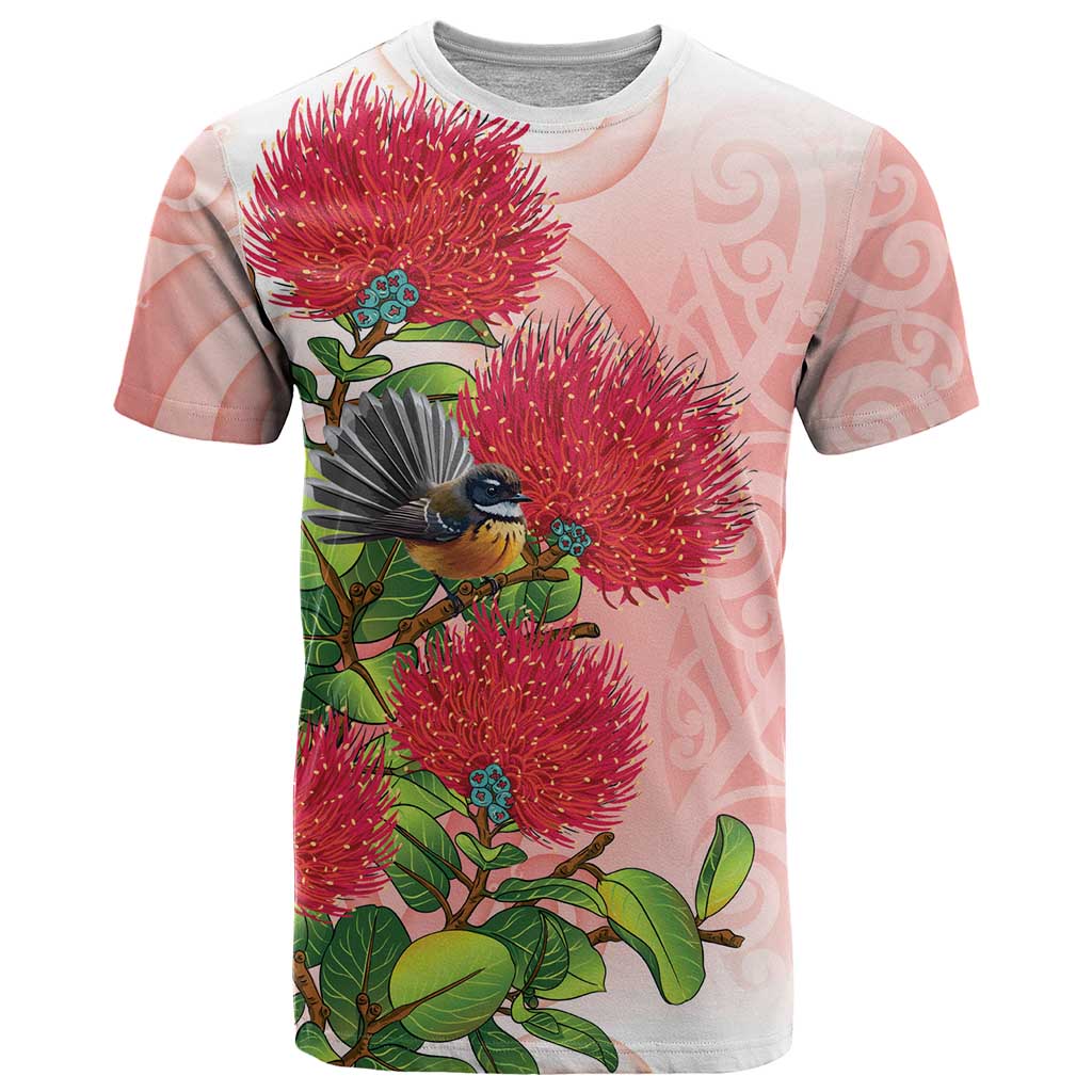 New Zealand Fantail T Shirt Maori Koru With Pohutukawa Flowers - Aussie Hoodie