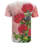 New Zealand Fantail T Shirt Maori Koru With Pohutukawa Flowers - Aussie Hoodie