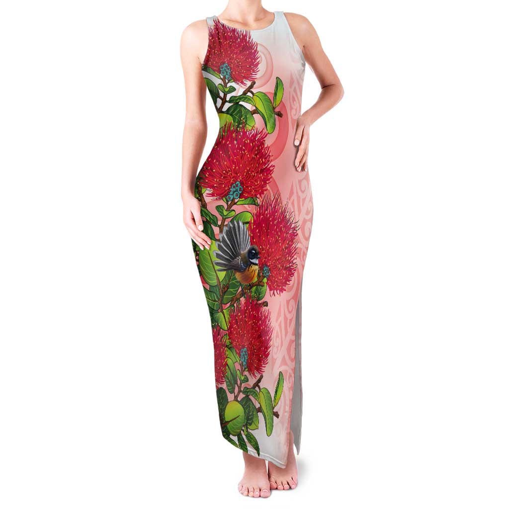 New Zealand Fantail Tank Maxi Dress Maori Koru With Pohutukawa Flowers - Aussie Hoodie