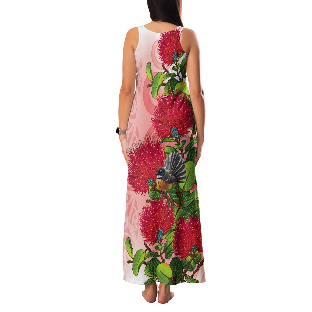 New Zealand Fantail Tank Maxi Dress Maori Koru With Pohutukawa Flowers - Aussie Hoodie