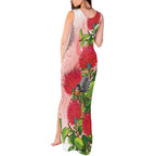 New Zealand Fantail Tank Maxi Dress Maori Koru With Pohutukawa Flowers - Aussie Hoodie